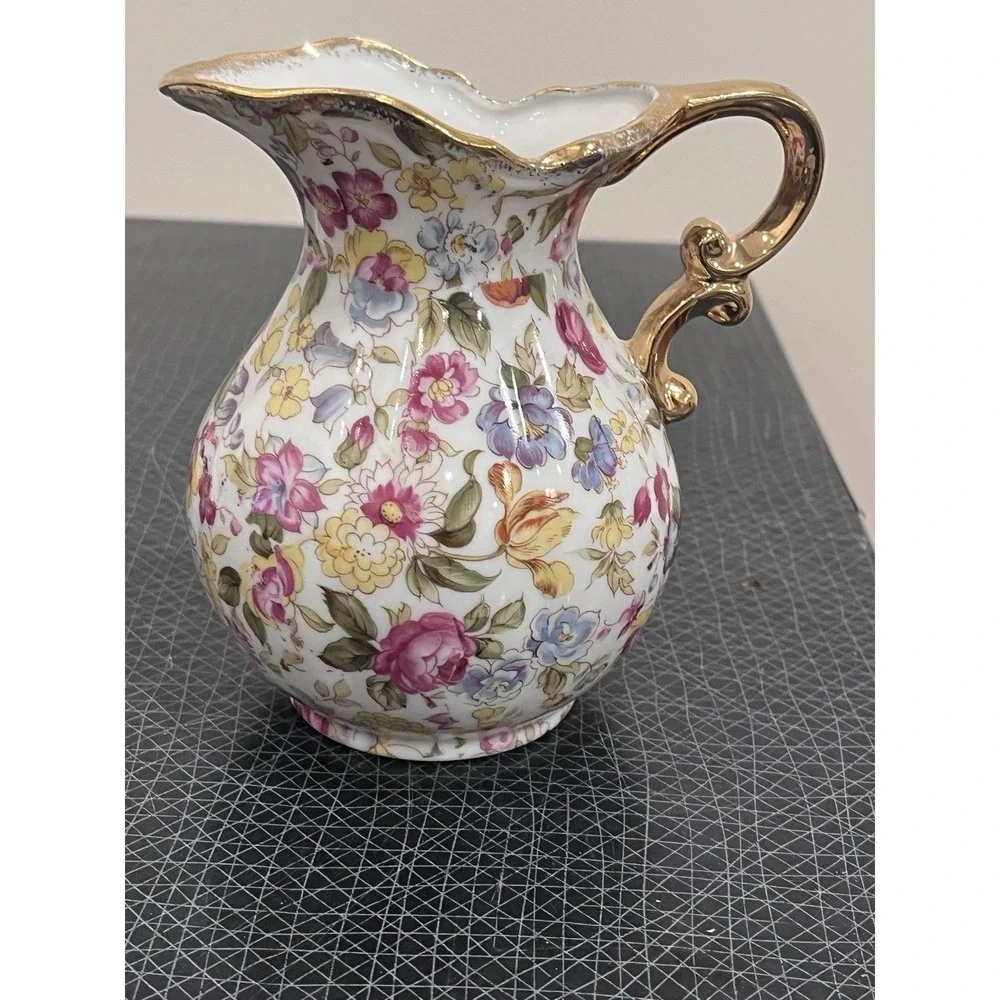 Lefton China Hand Painted Chintz Floral Pitcher.  51/2